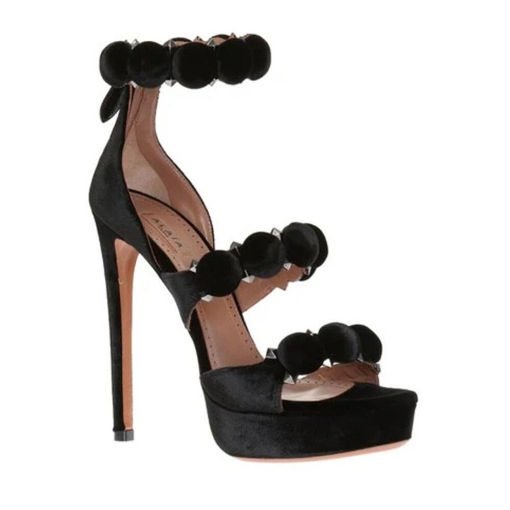 Alaia Bombe Velvet Sandals Black Platfom Heels Ankle Strap Pom Stud Sz 39 / 9